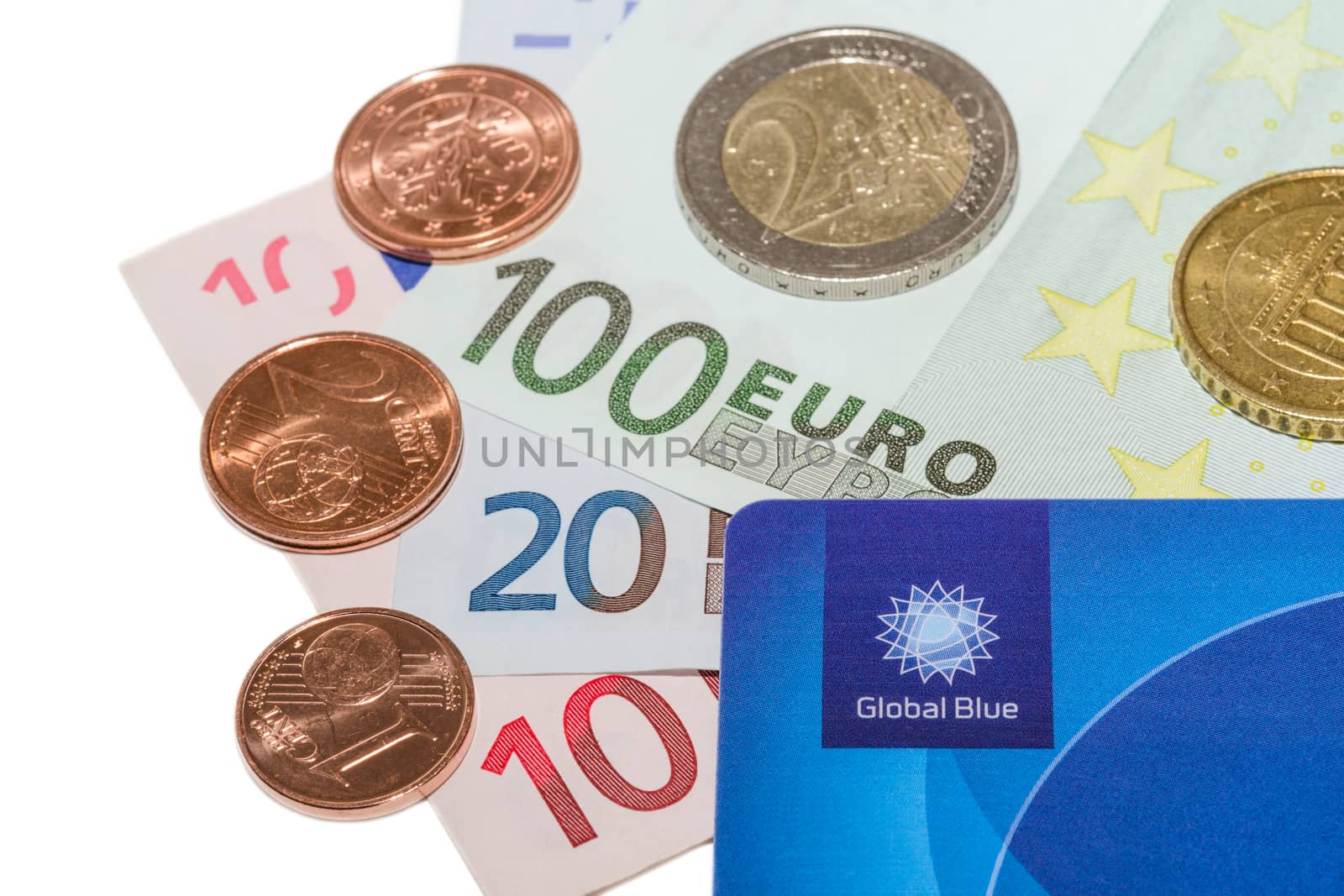 MUNICH, GERMANY - FEBRUARY 23, 2014: Global Blue company Tax Free plastic card with Euro. Isolate on white.