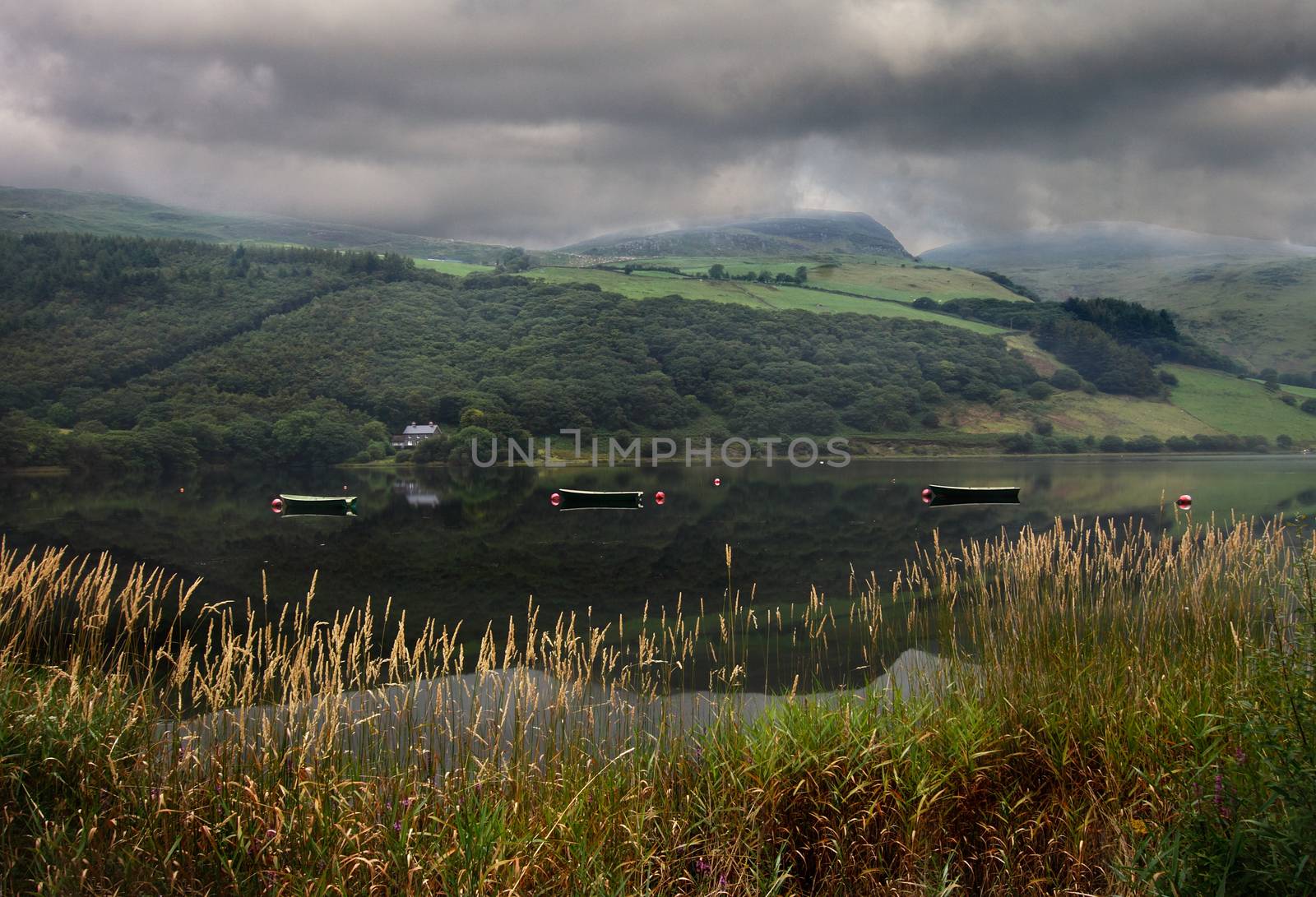 An isolated house by a lake and woodland in the Snowdonia National Park, in Wales, UK.