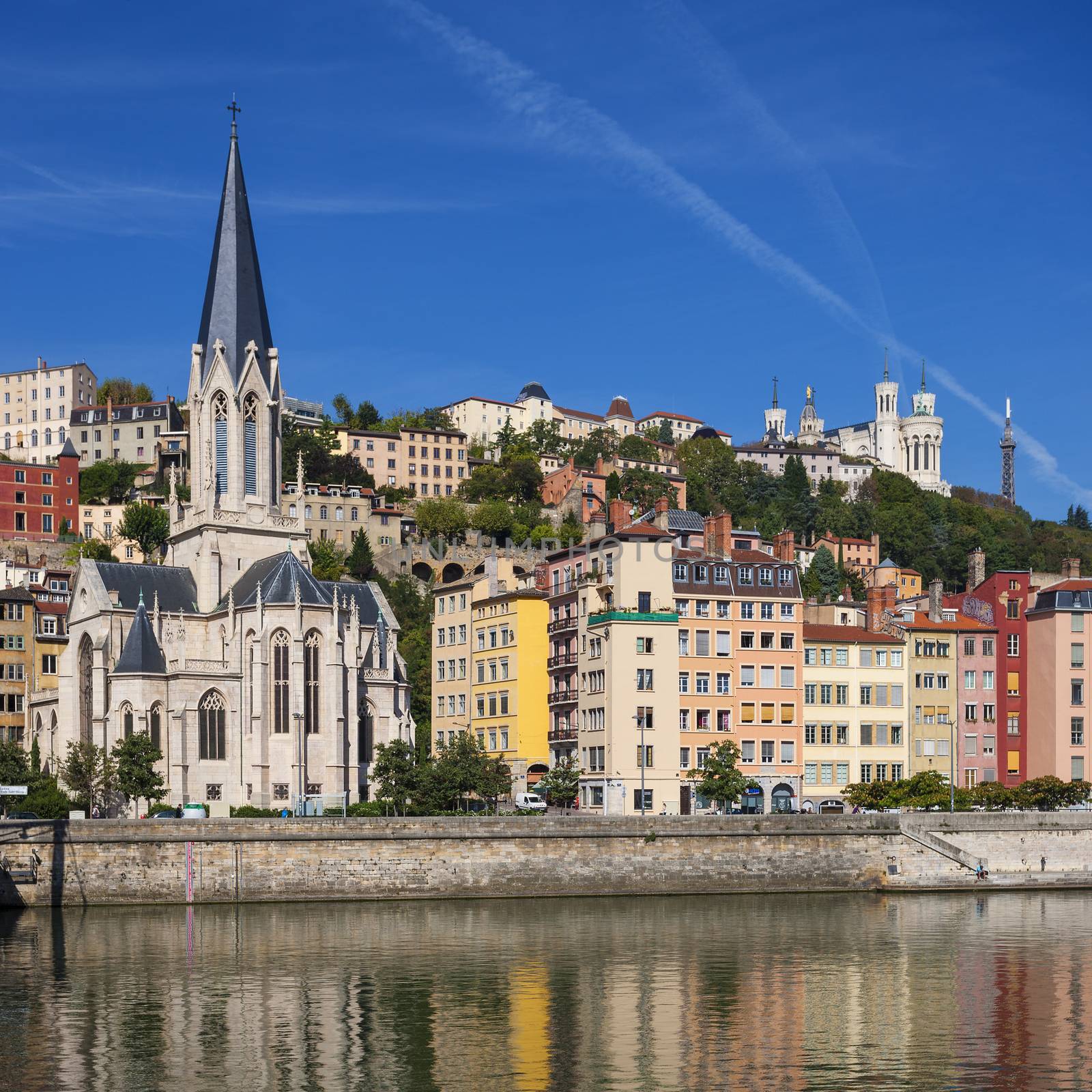 Lyon cityscape from Saone river with colorful houses and river 