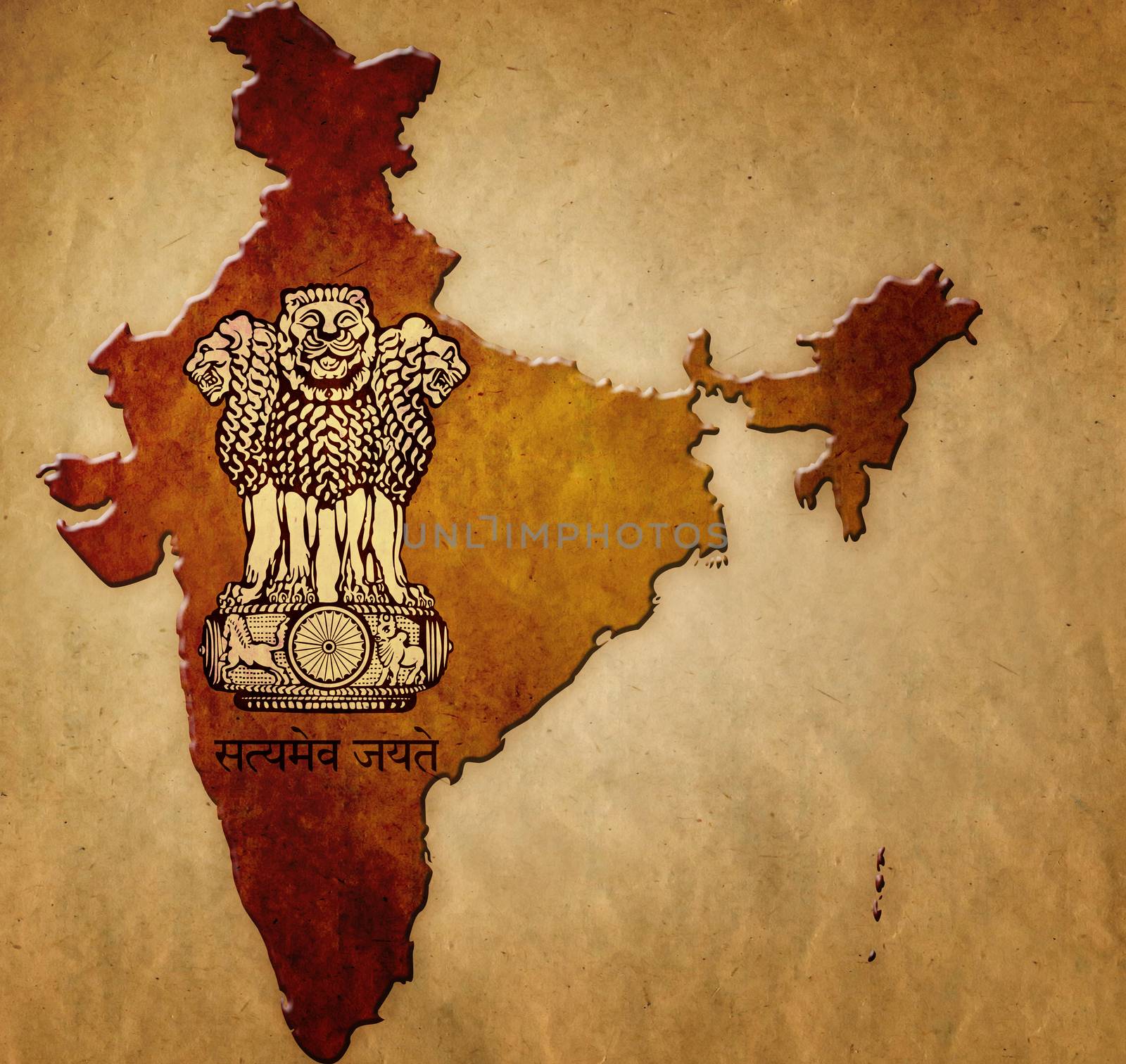 Background with map of India with coat of arms on old paper
