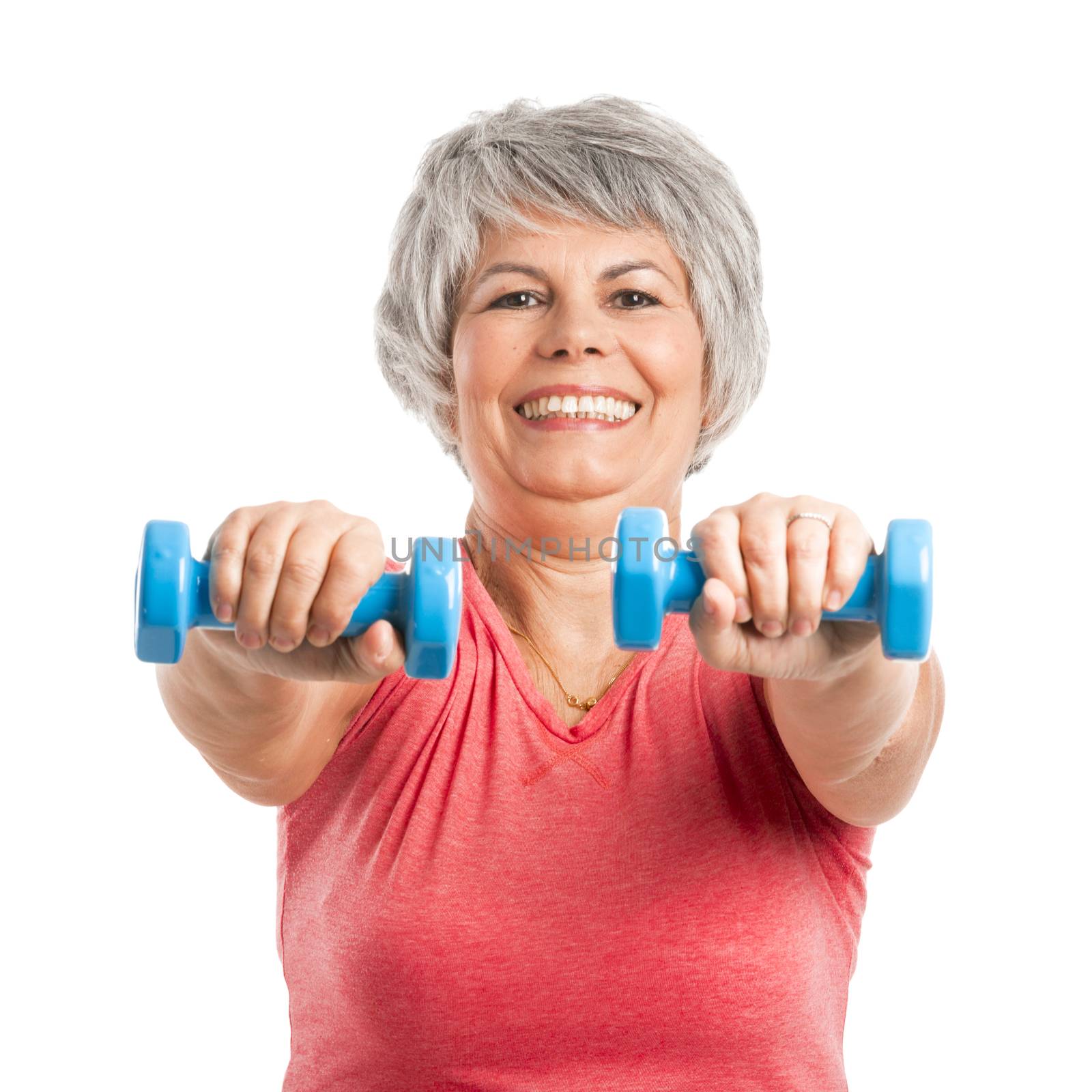  Happy fitness old woman lifting dumbbells and smiling