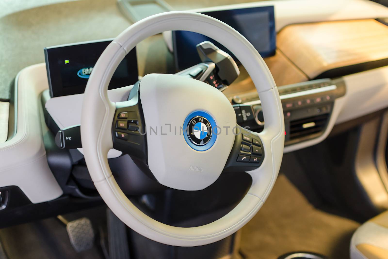 MUNICH, GERMANY - AUGUST 8, 2014: White design interior of environmentally friendly full-time electric car BMW i3.