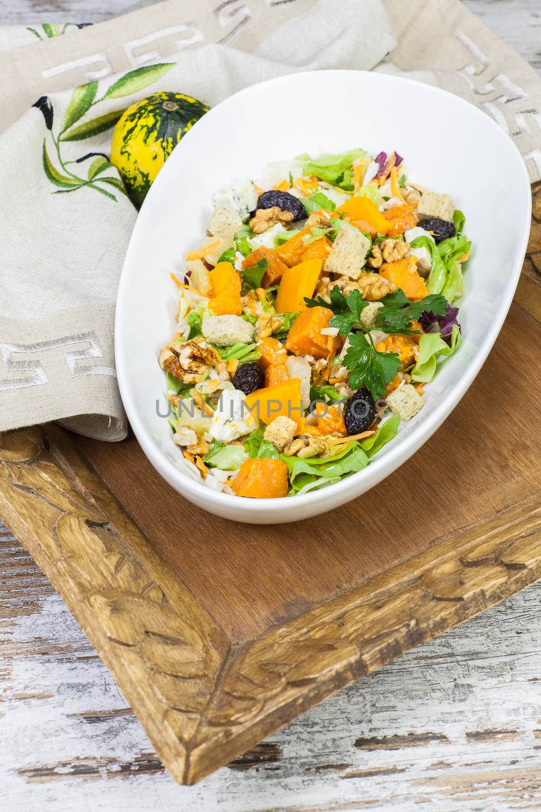 Roast pumpkin, cheese and walnut salad