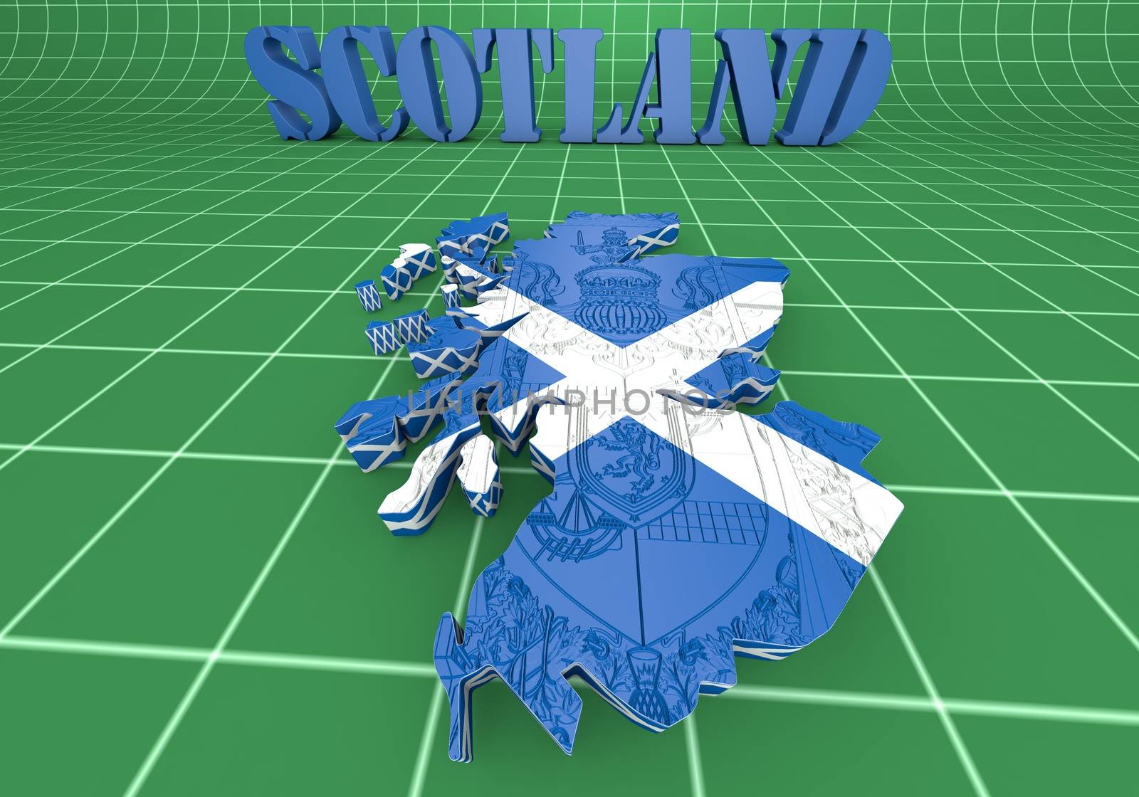 3D map illustration of Sctotland with flag