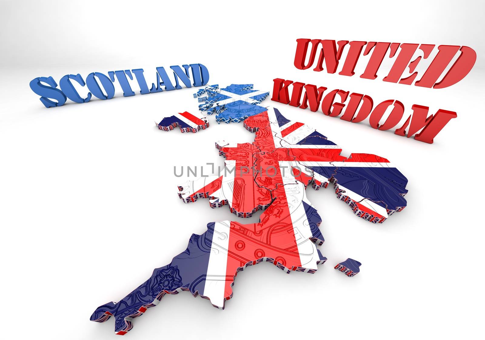 3D map illustration of Scotland and England with flag