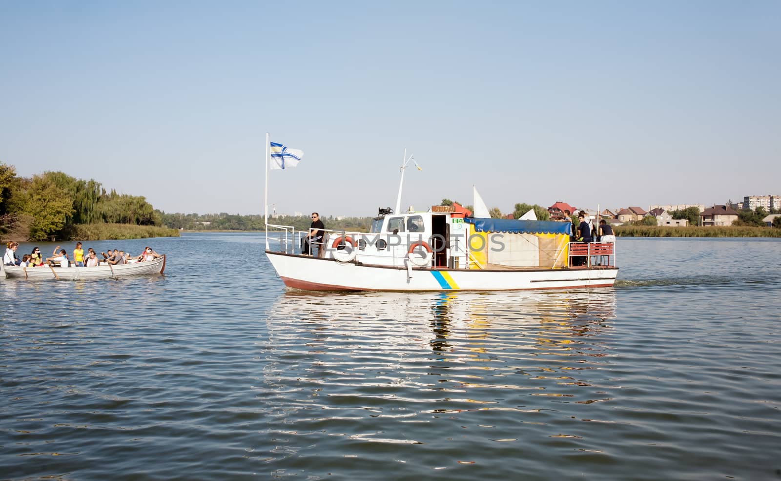 General view of the pleasure boat and the boat on the river SAKSAGAN in Krivoy Rog in Ukraine