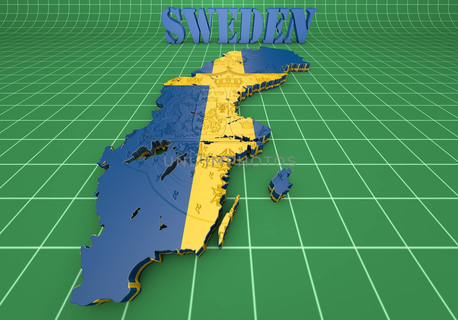 3D map illustration of Sweden with flag