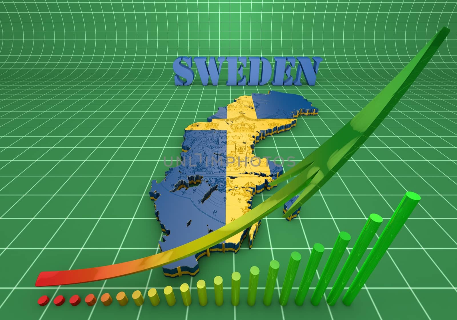 3D map illustration of Sweden with flag