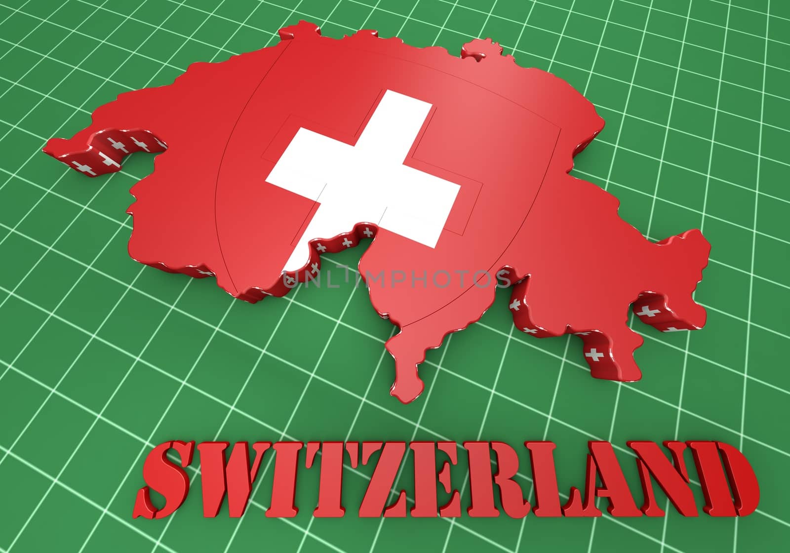 3D Map illustration of Switzerland with flag