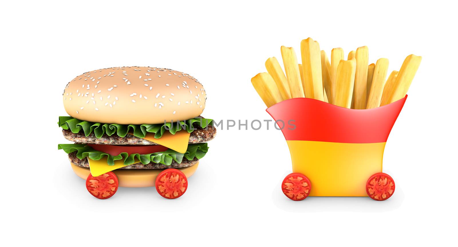 A hamburger with double steak, salad, and cherry tomatoes and french fries. 3D rendering.