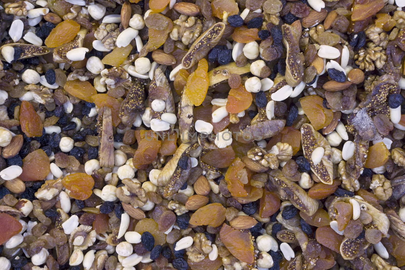 A background of several types of dried fruits.