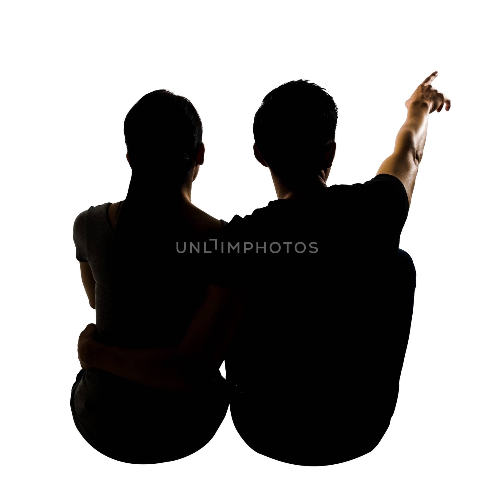 Silhouette of couple sit on ground point faraway, full length portrait isolated on white.