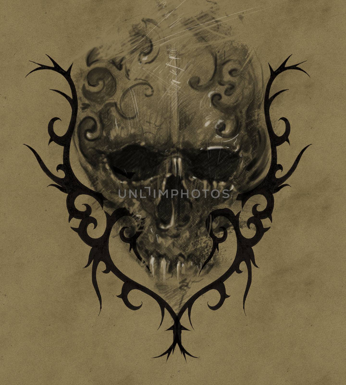 Tattoo skull over vintage paper, handmade illustration