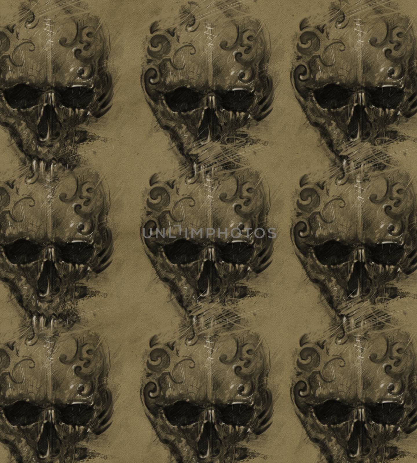 Tattoo skulls over vintage paper, design handmade by FernandoCortes