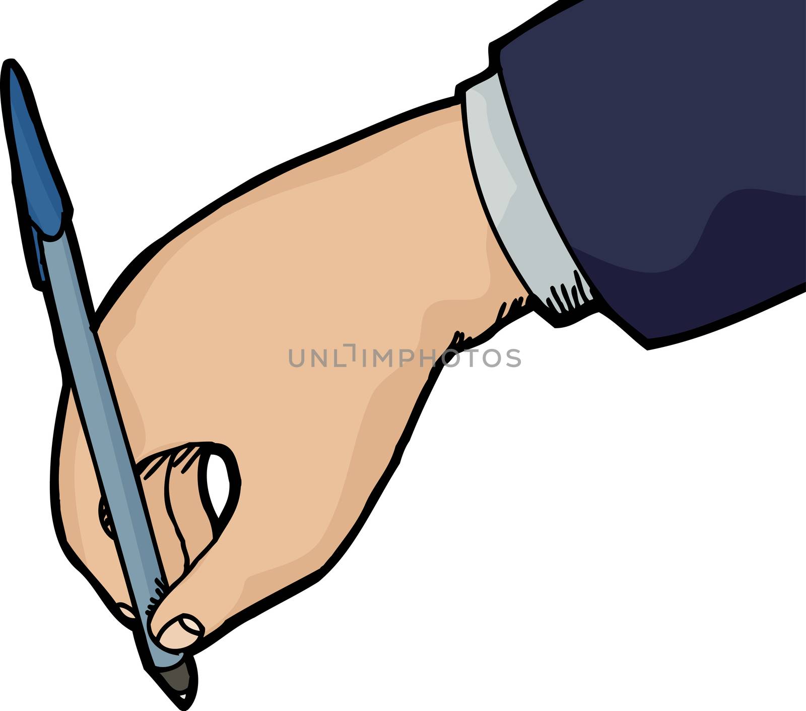 Isolated hand holding pen writing over white background