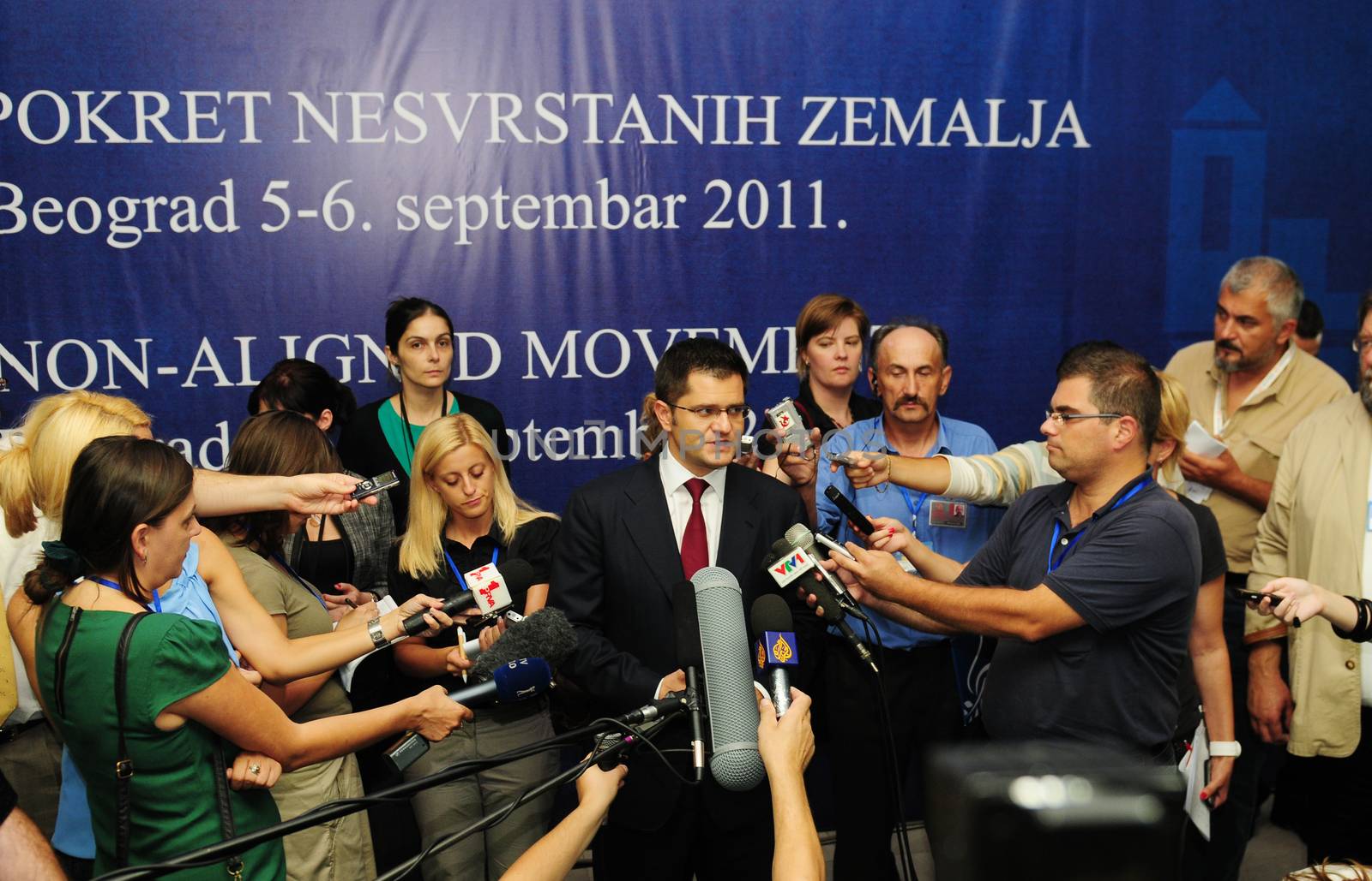 BELGRADE, SERBIA - SEPTEMBER 5: Minister of Foreign Affairs Vuk Jeremic speaks with journalists at a conference of Heads of State of the Non-Aligned Countries in Belgrade, Serbia on September 5, 2011