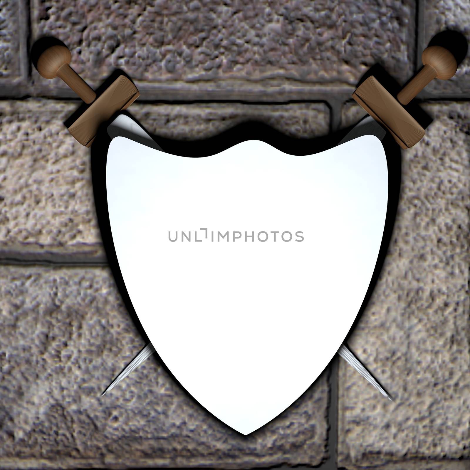 Empty shield for logo with two swords, 3d render