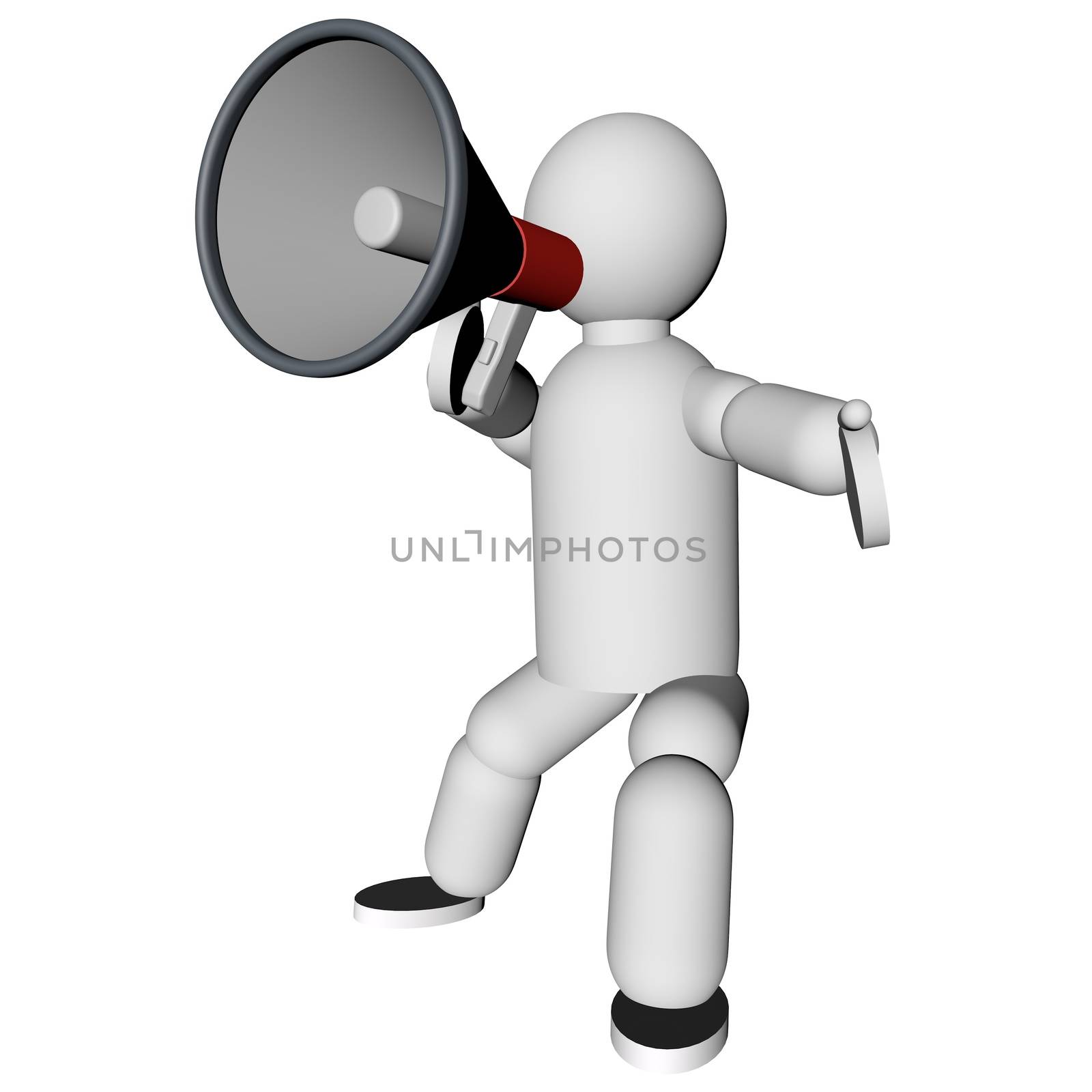 Puppet with megaphone, isolated over white, 3d render