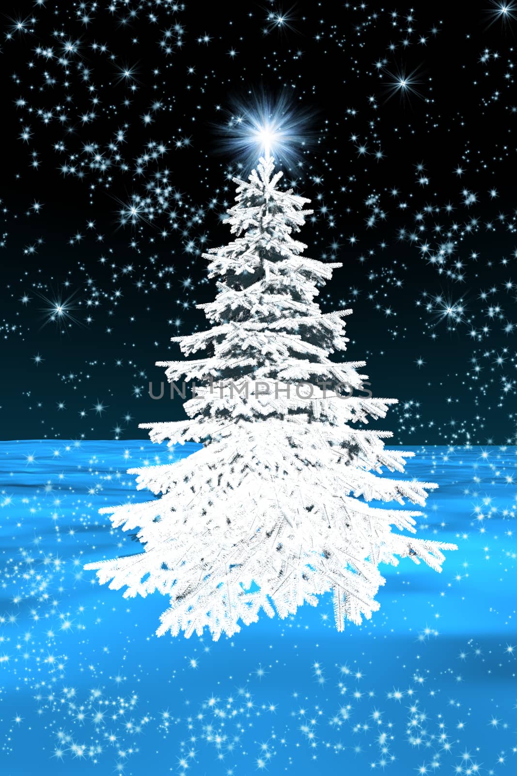 white christmas tree with star at the snowy landscape