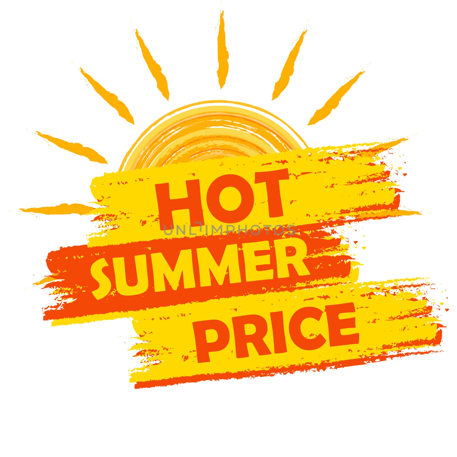 hot summer price with sun sign, yellow and orange drawn label by marinini
