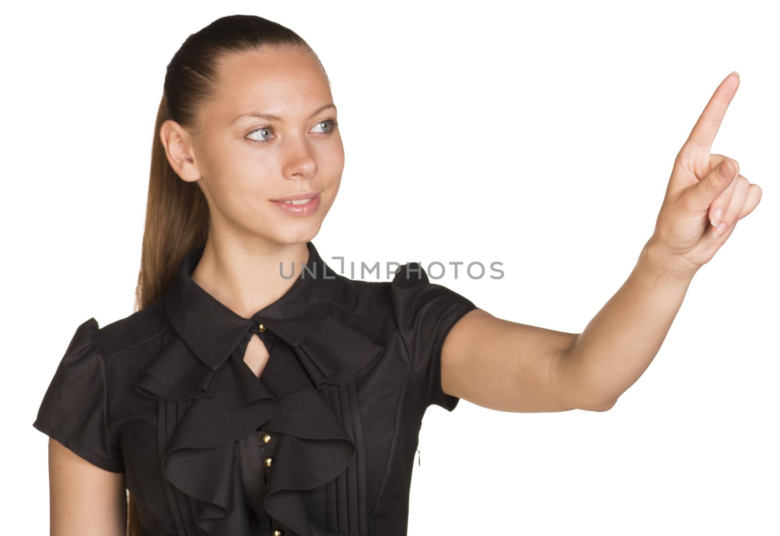 Woman touching virtual button by cherezoff