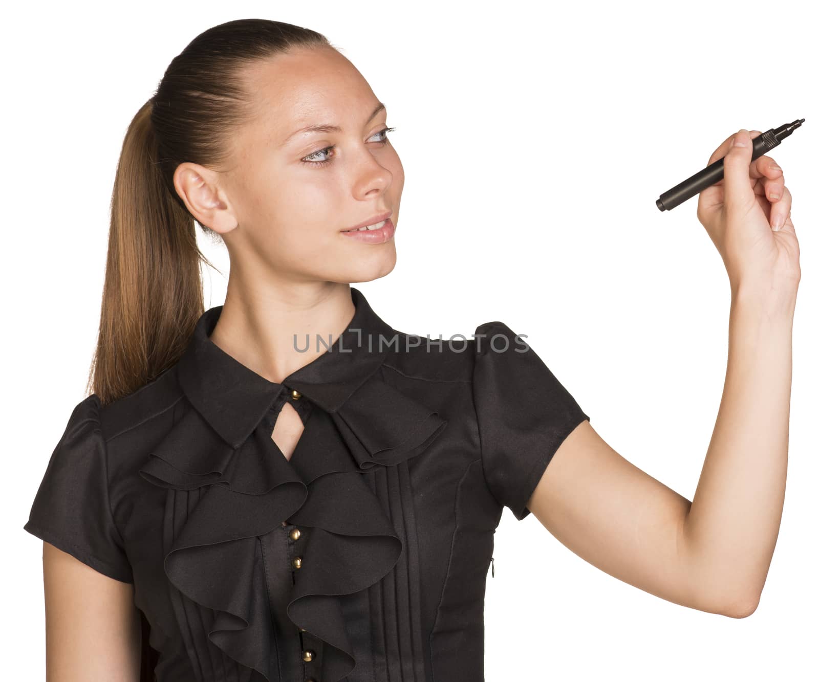 Young successful business woman writing with pen. Isolated background