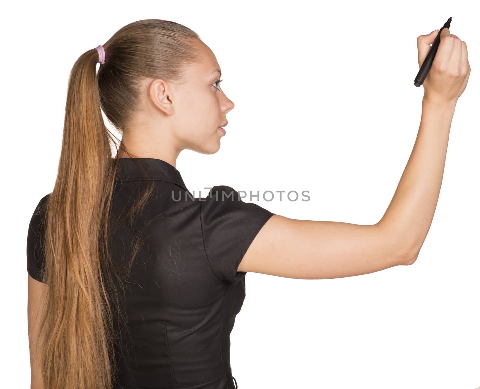 Young business woman writing with pen. Rear view. Isolated background