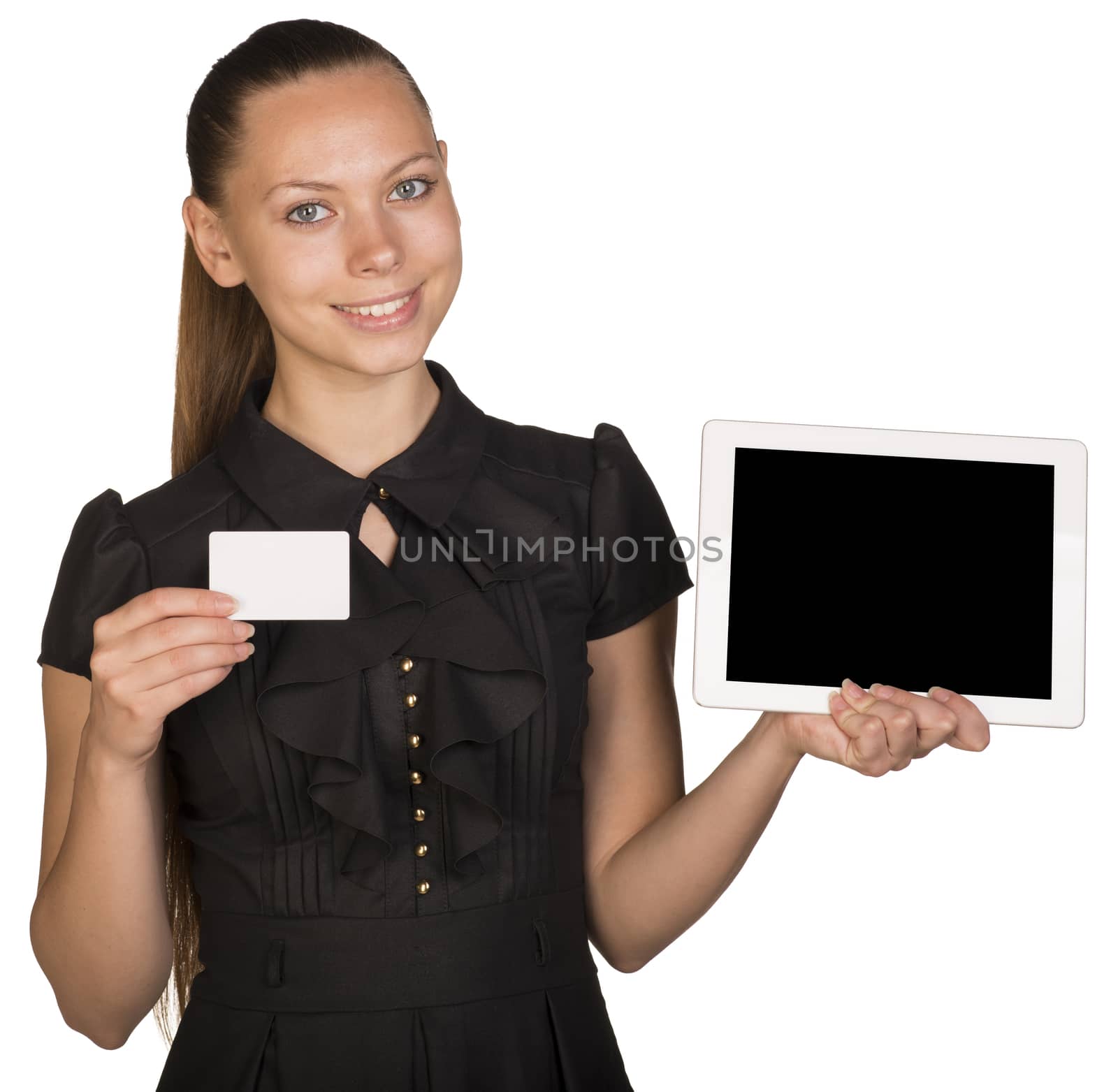 Beautiful girl in dress holding blank white card and tablet. Isolated on white background