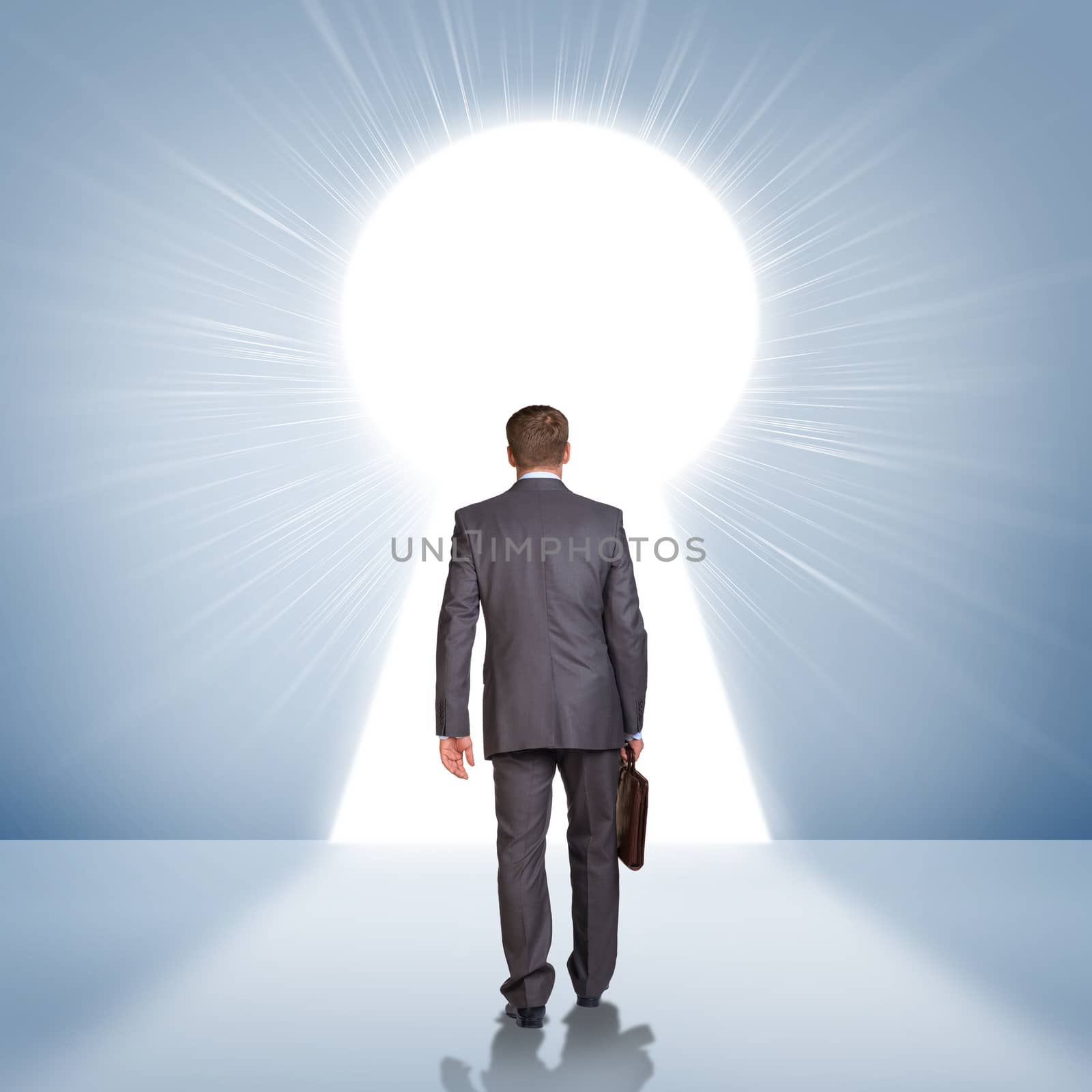 Businessman with briefcase stepping through door in form of keyhole by cherezoff