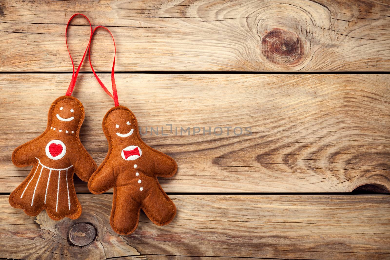 Gingerbread man and woman on wooden table background. Christmas composition with copy space. Top view