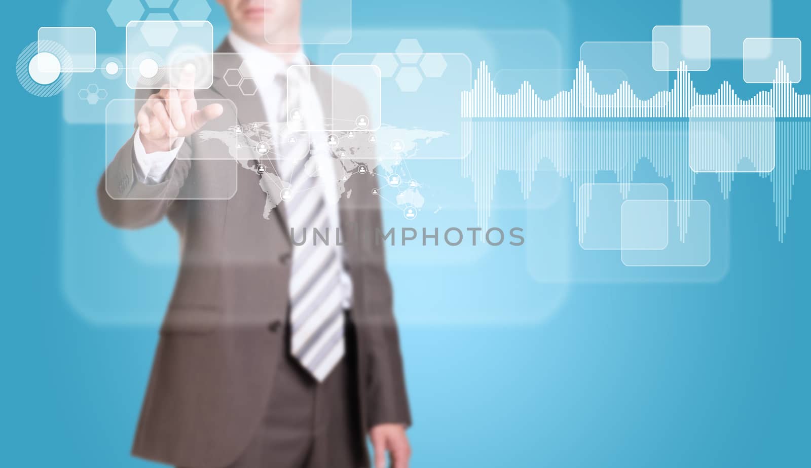 Businessman in suit finger presses virtual button. Transparent rectangles, world map, network  as backdrop