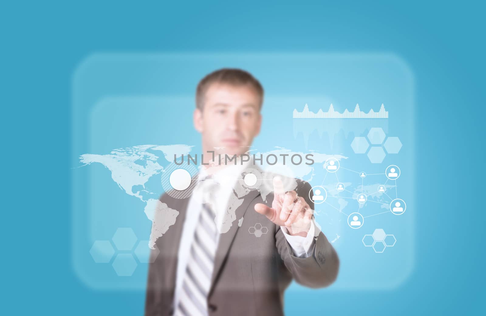 Businessman in suit finger presses virtual button. Transparent rectangles, world map, network as backdrop