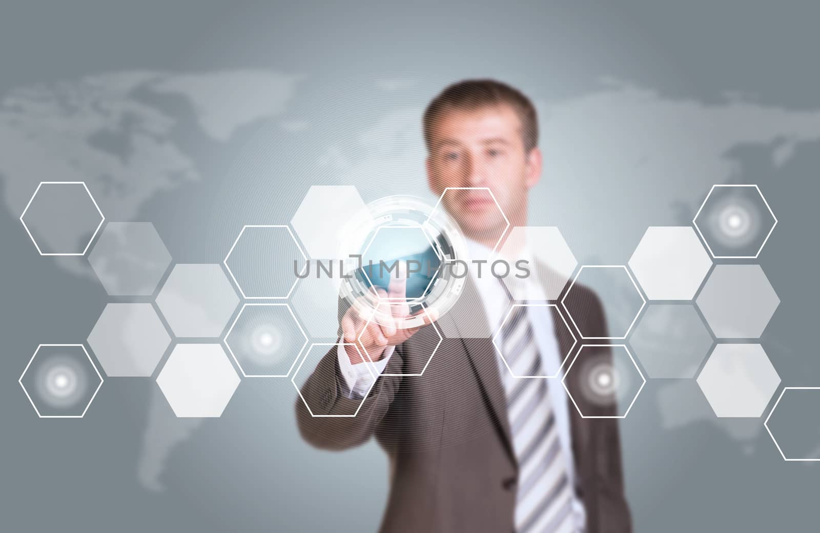 Businessman in suit finger presses virtual button by cherezoff