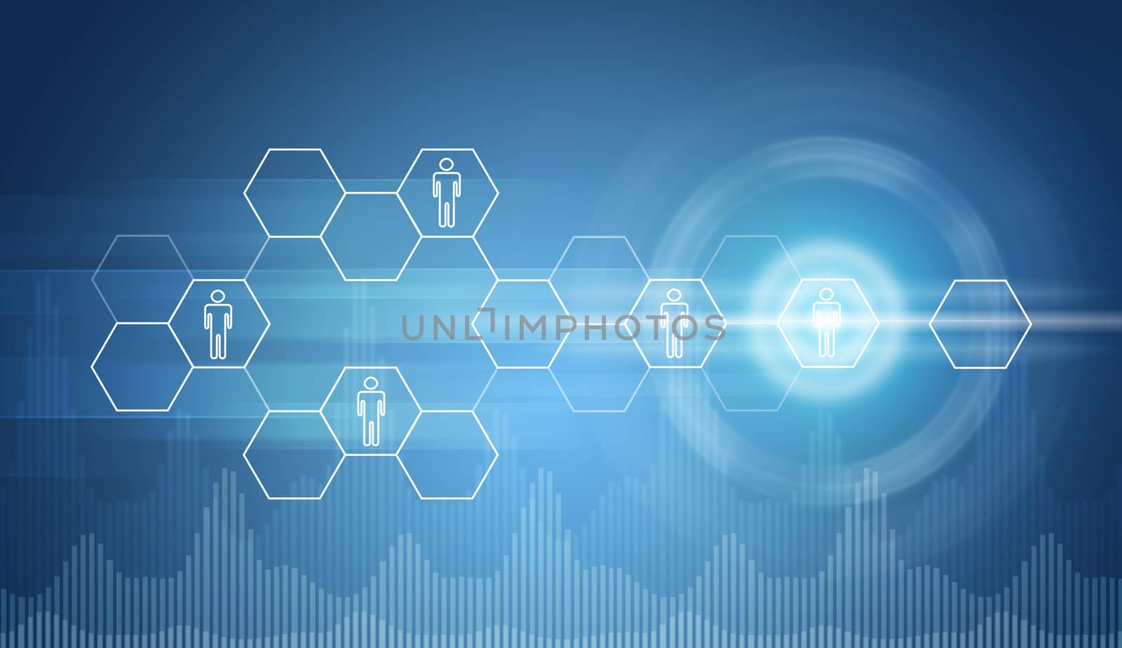 Transparent hexagons, glow circles and graphs. Technology background