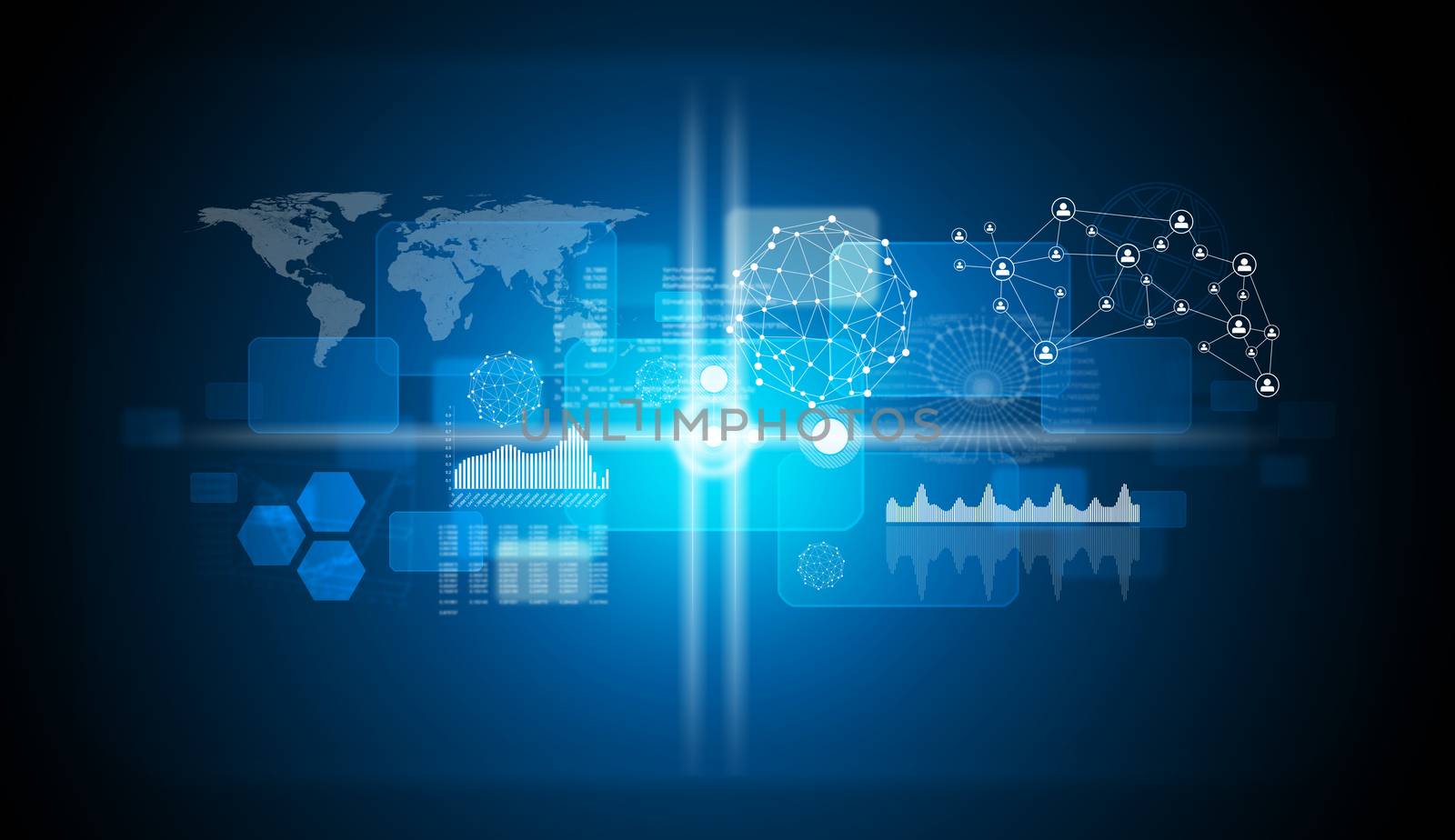 Graphs, world map, network and other elements. Technology background