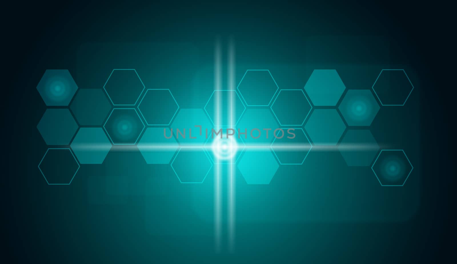 Transparent hexagons and glow circles. Technology background