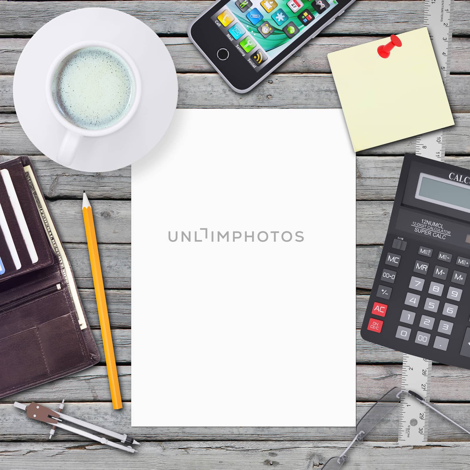 Desk businessman. Chancellery, white sheet and smartphone. Old wooden board on background