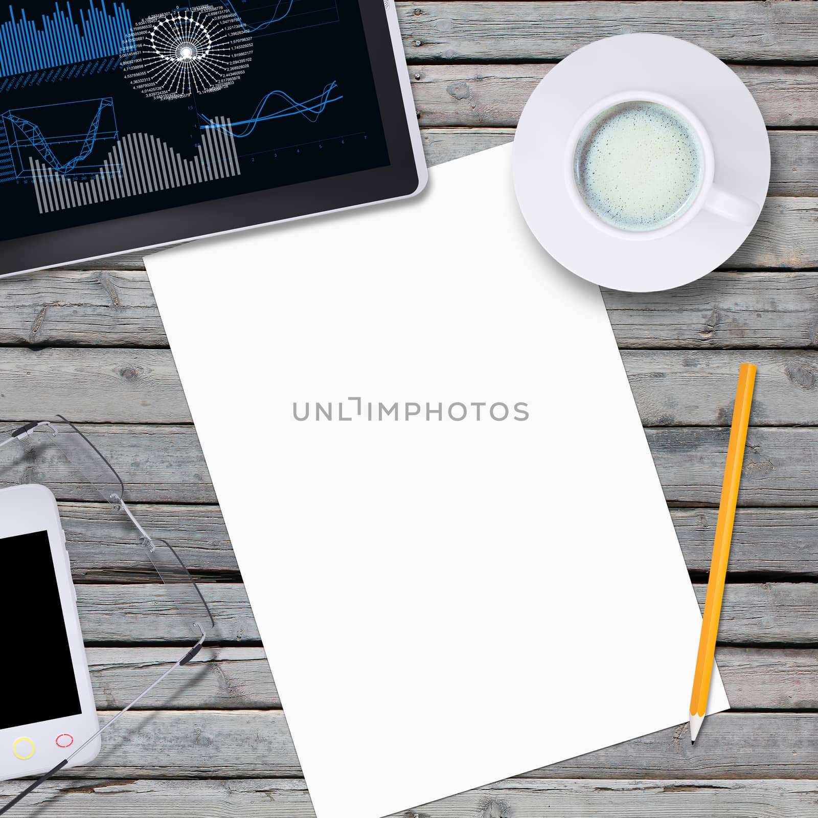 Lie on wooden floor empty paper sheet and office objects. Business concept