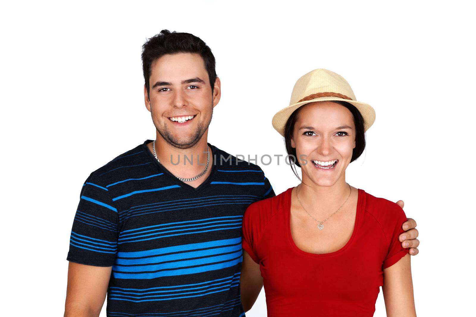 Beautiful happy young adult couple smiling and laughing