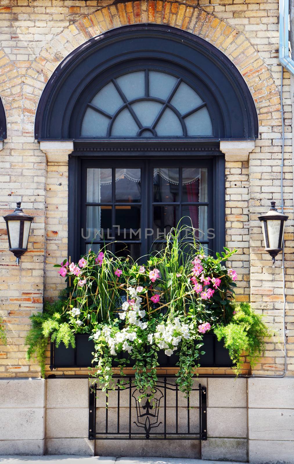 Old building window with flowers, architecture detail