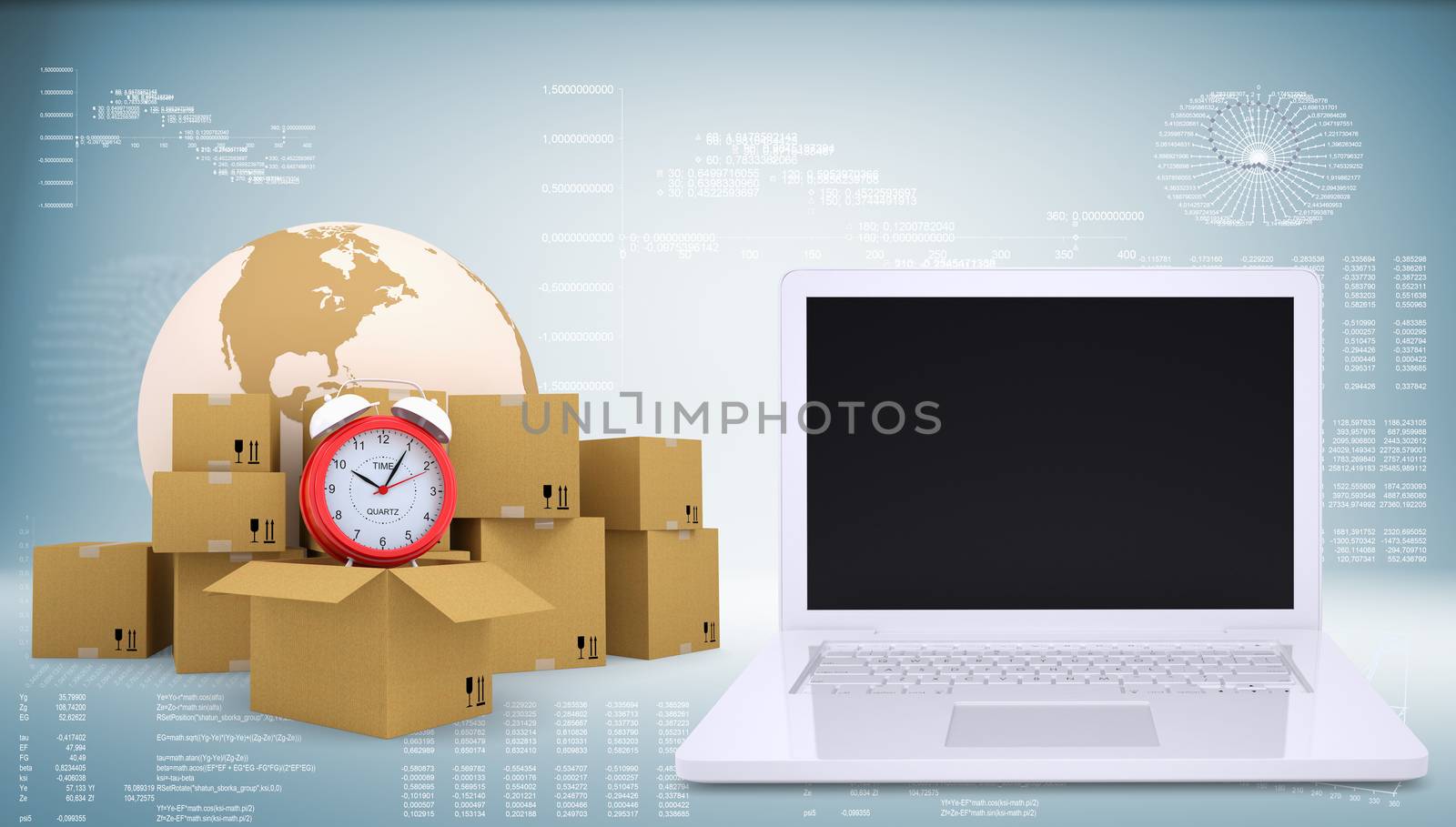 Earth with alarm clock and cardboard boxes. Open laptop. Transportation concept