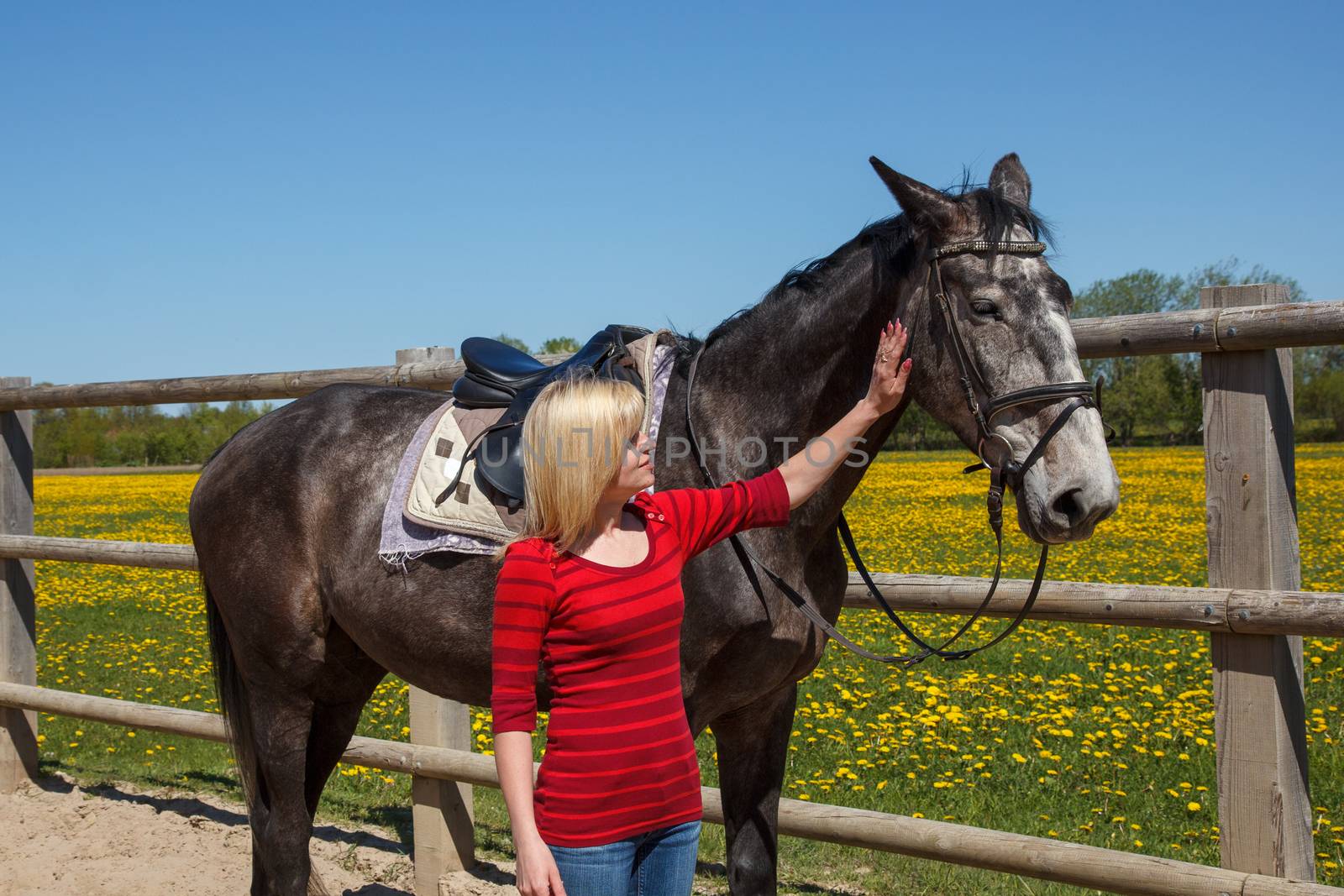 A blond woman standing by a horse