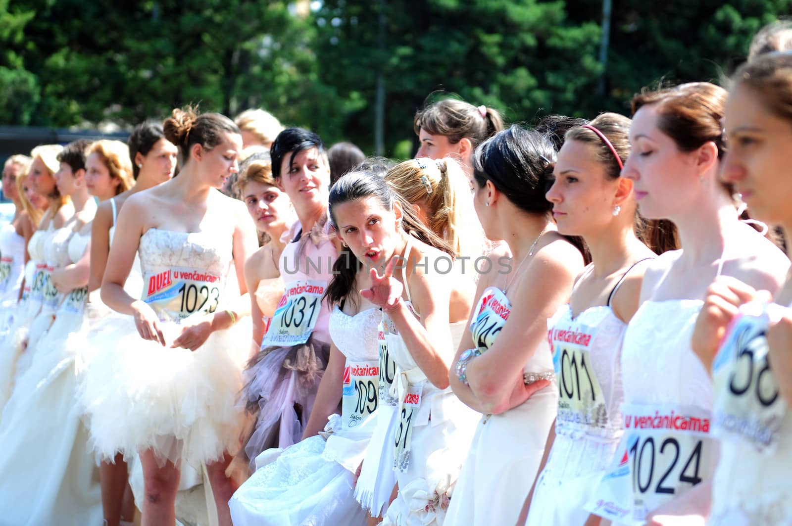 BELGRADE - JUNE 19: Participants line upf for a 'Wedding Race' event on The 2nd Belgrade Wedding Fair, organized by a magazine "Wedding " on June 19, 2011 in Belgrade, Serbia.