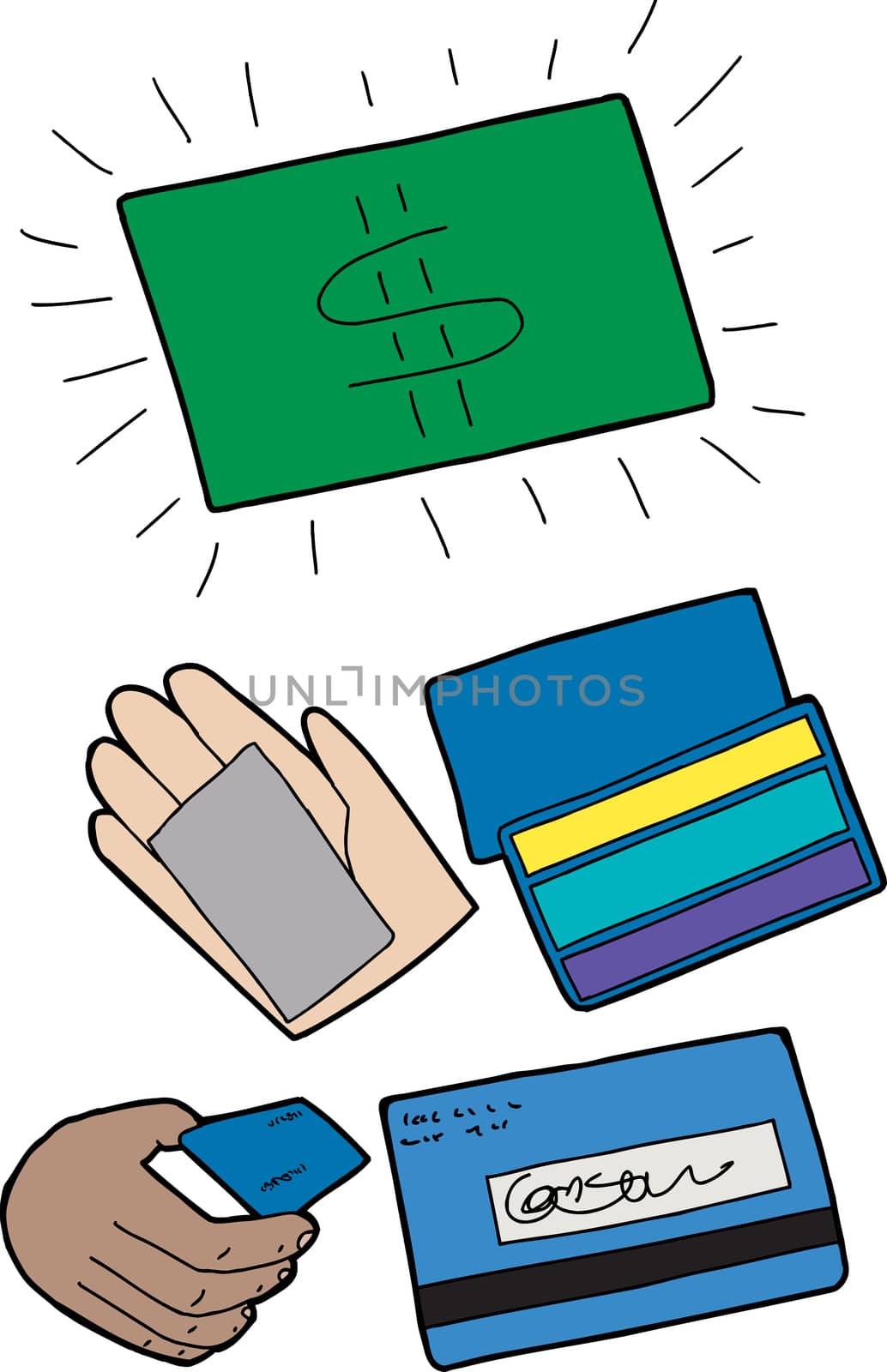 Credit and debit card symbols over white background