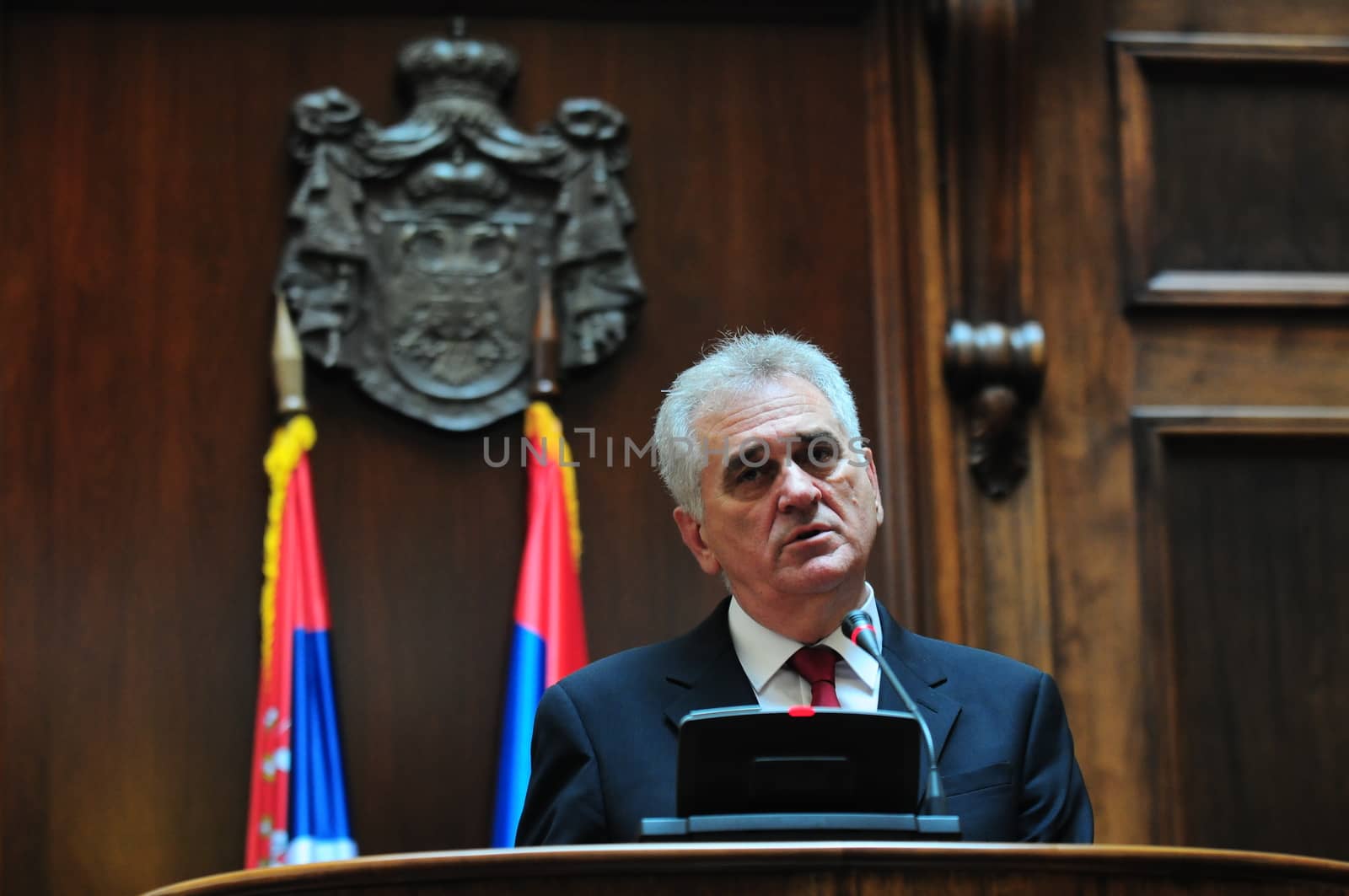 SERBIA, BELGRADE - MAY 31, 2012: President of Serbia Tomislav Nikolich speaks in Serbian Parliament high in the air on his inauguration day