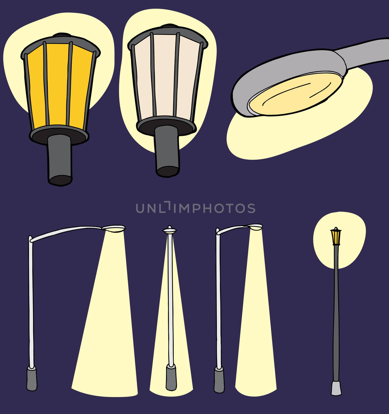 Modern and vintage street lights with illumination beam