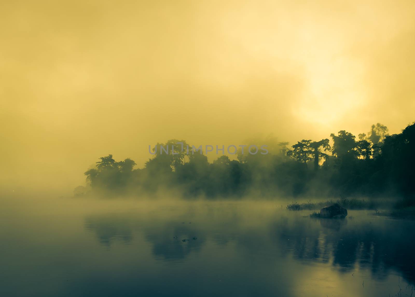 Reflection Mist Sunrise on Lake by kobfujar