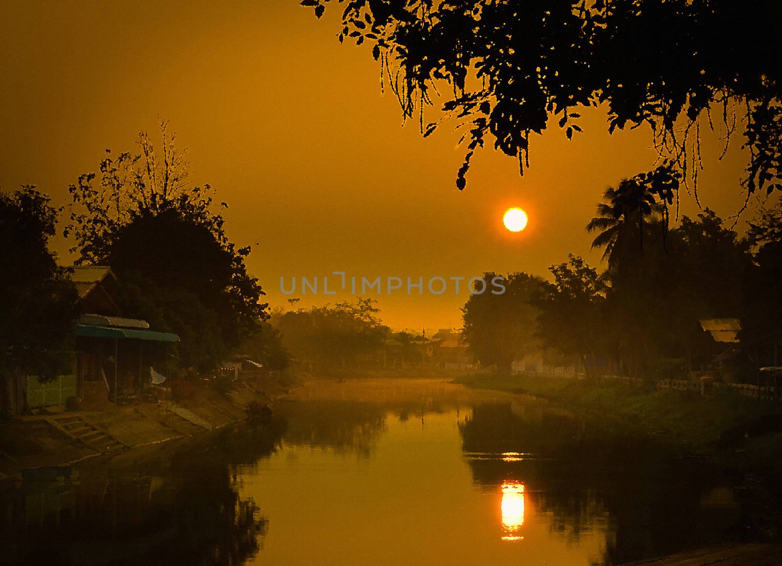 The Silhouette Reflection Sunset on Canal - Oil Painting from Photo