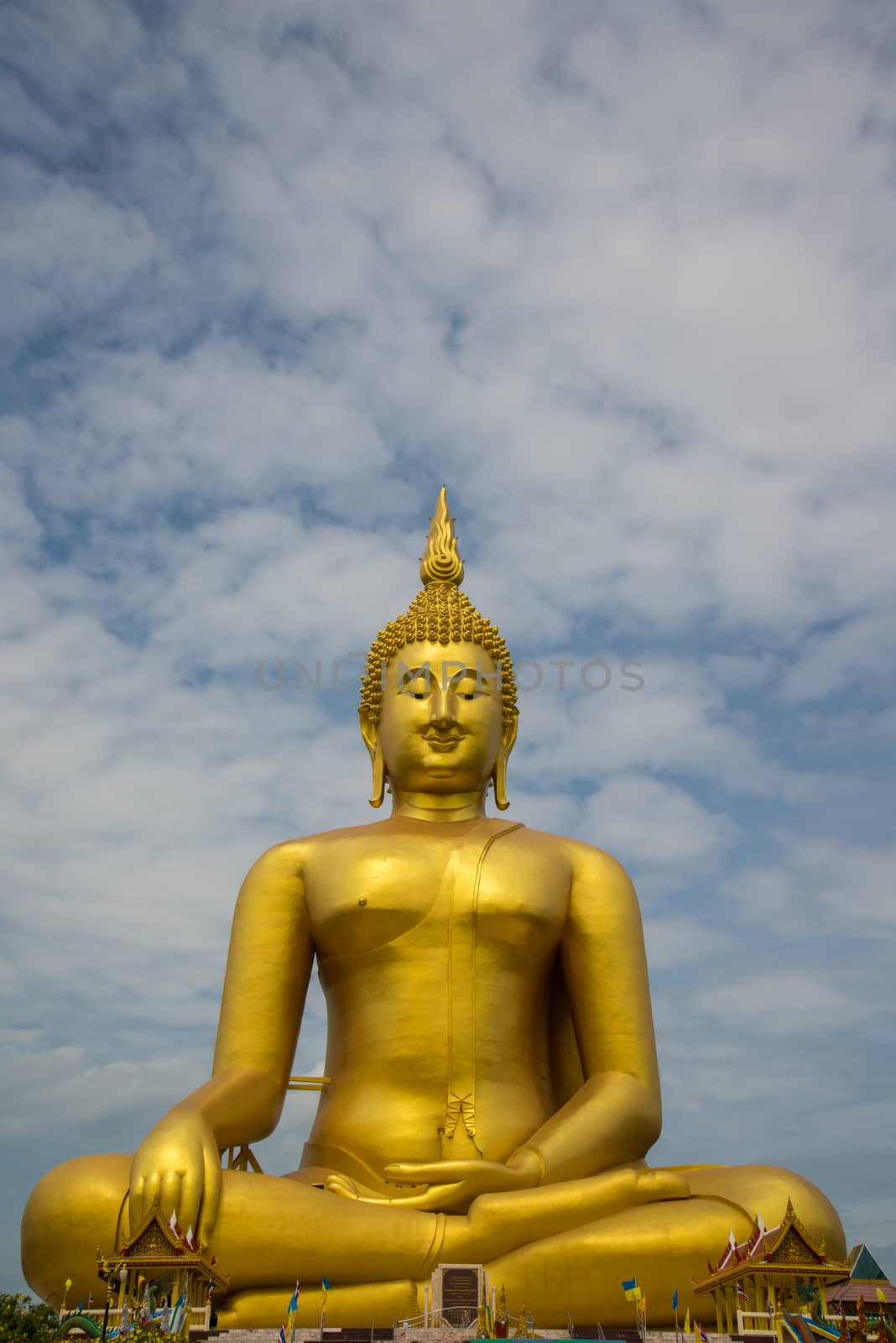 A big Buddha statue in the temple of Thailand.