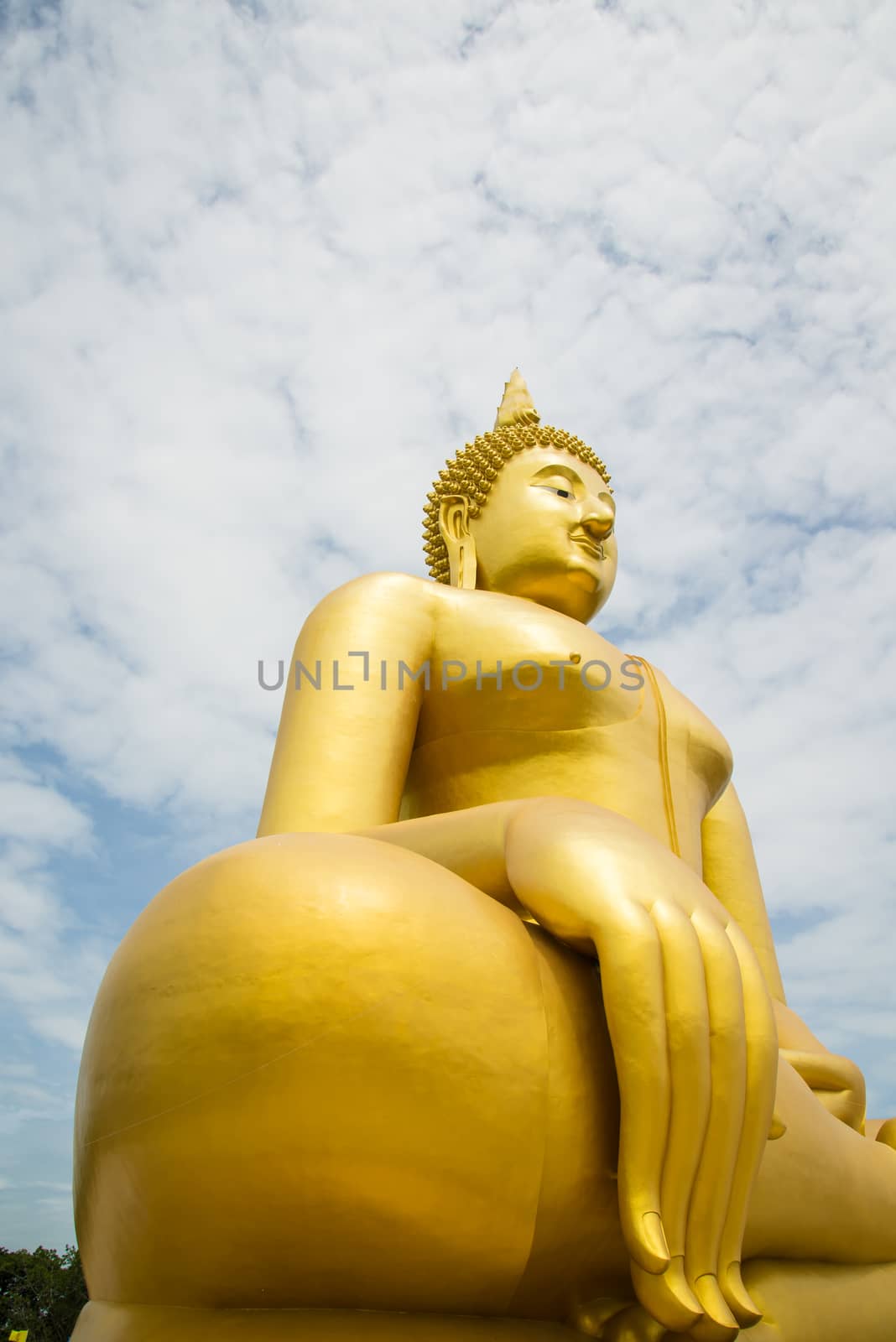 A big Buddha statue in the temple of Thailand.
